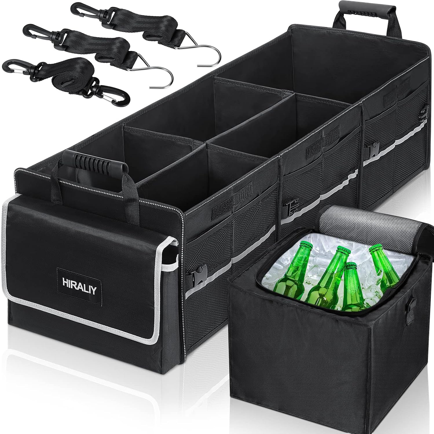 Black Foldable Trunk Organizer with Cooler Bag, Multi-Compartment