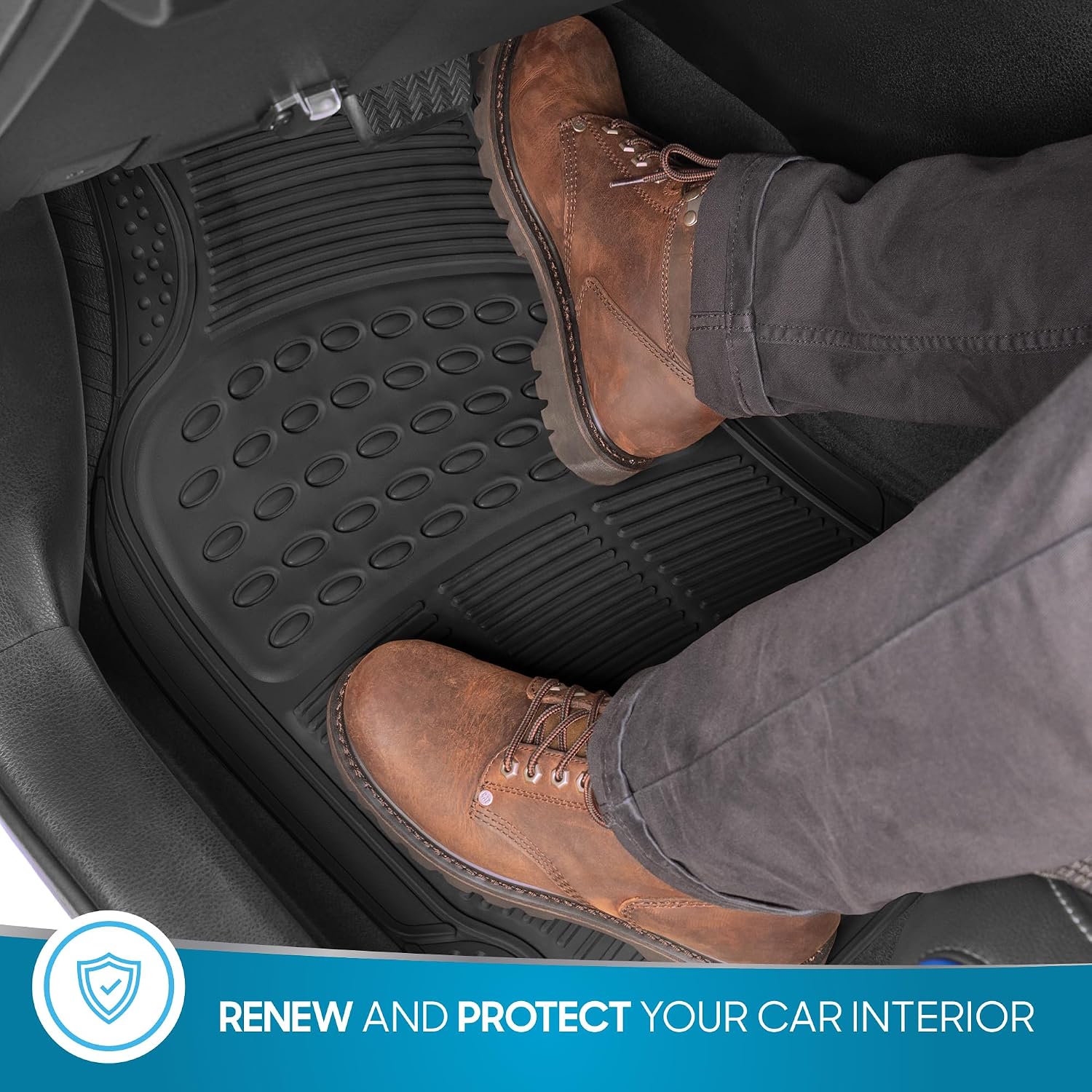 Black Rubber Car Floor Mats, All-Season, 3-Piece Set — view 2