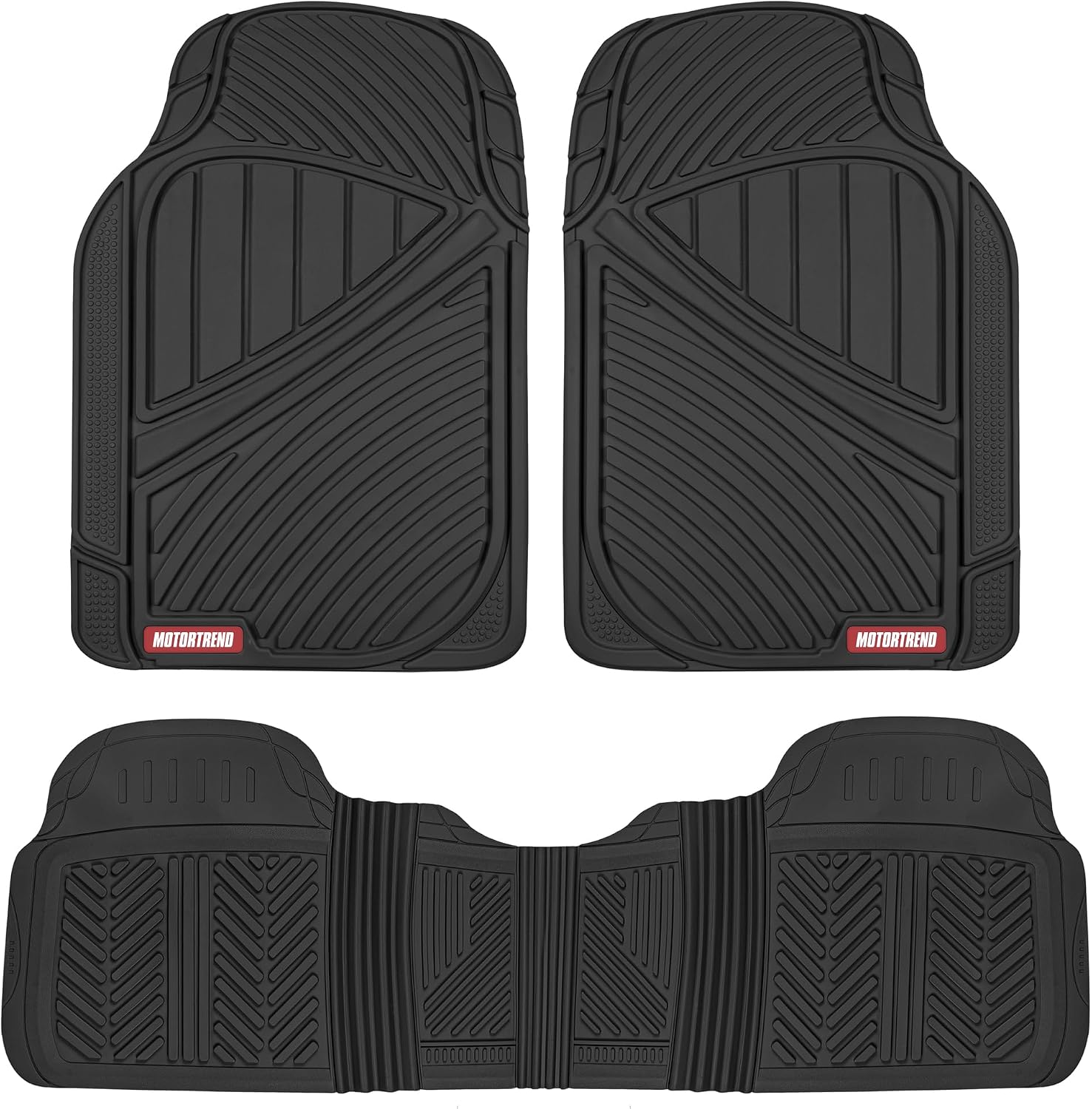 Black Rubber Car Floor Mats, All-Season, 3-Piece Set, Deep Tray