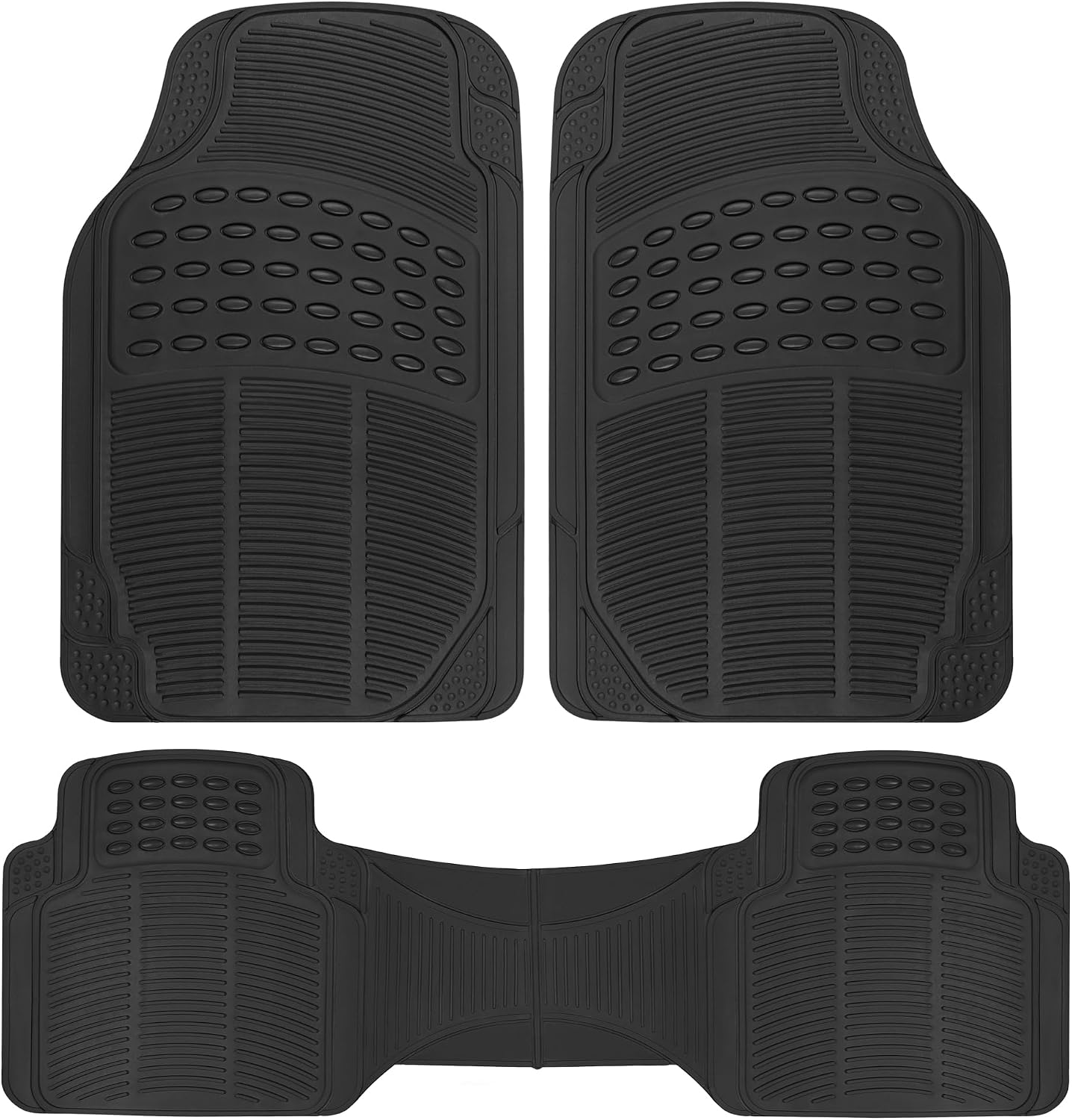 Black Rubber Car Floor Mats, All-Season, 3-Piece Set
