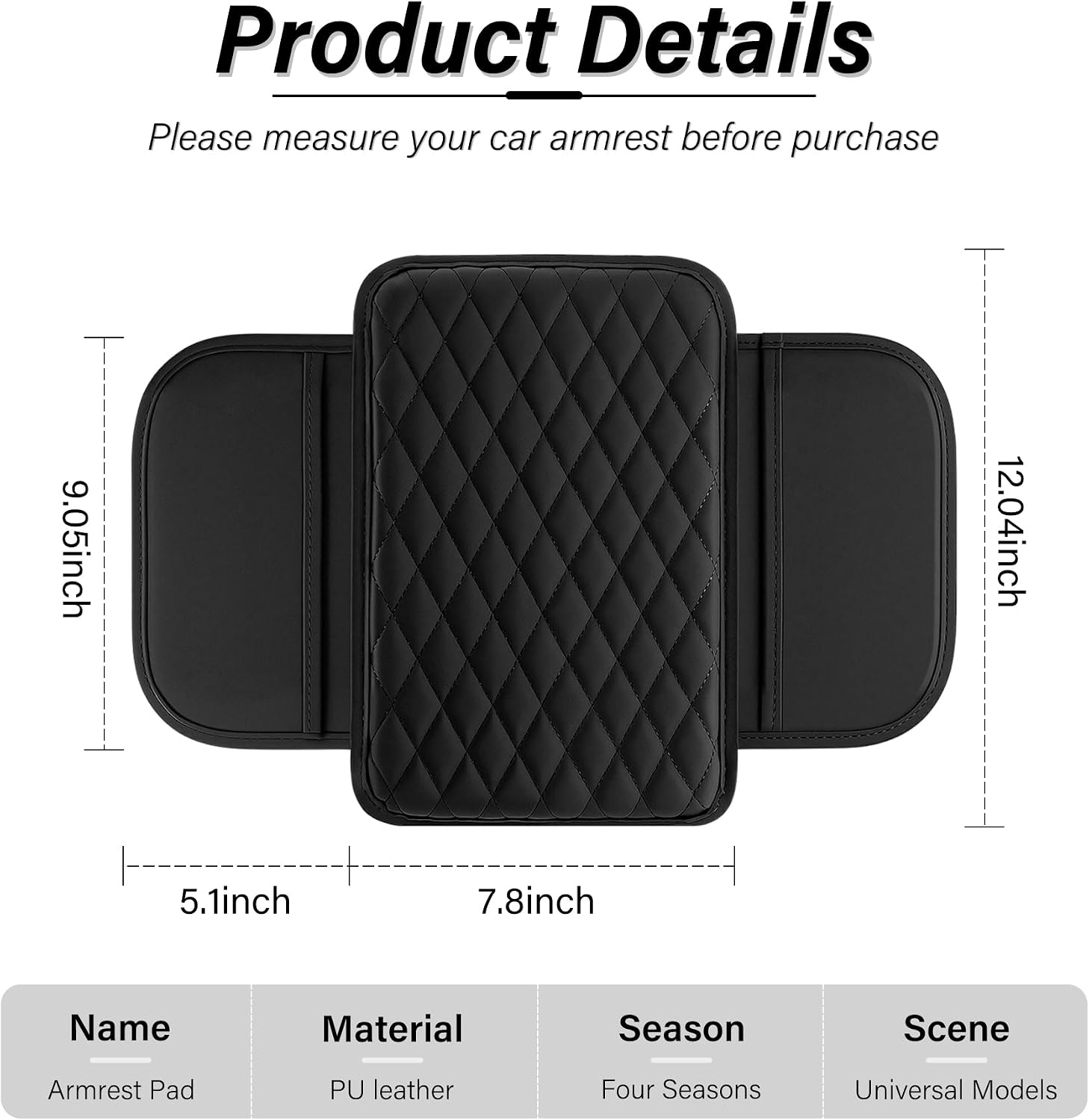 Car Armrest Pad with Storage, Quilted Leatherette, Black — view 2