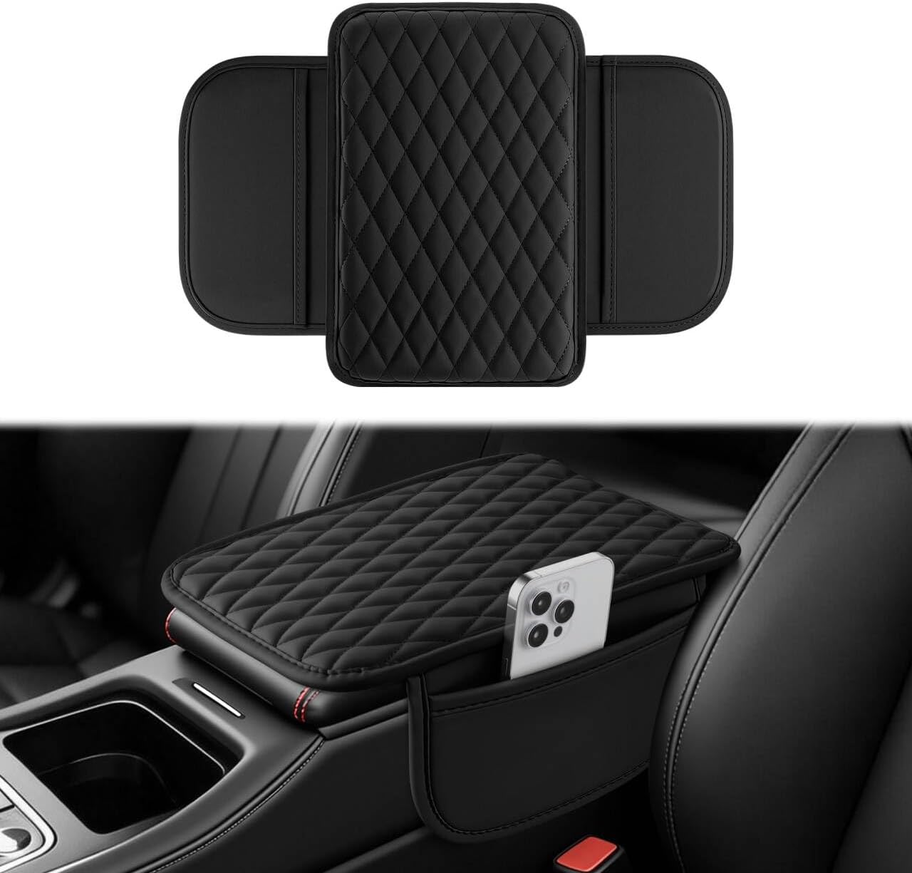 Car Armrest Pad with Storage, Quilted Leatherette, Black