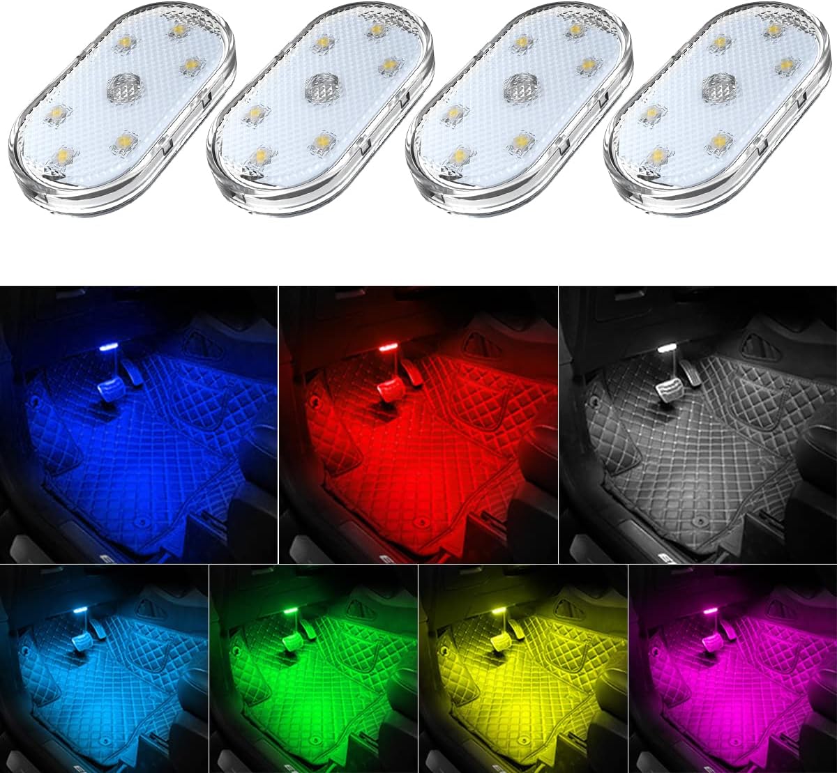 Car Interior LED Lights, 7-Color USB Rechargeable, 4-Piece Set