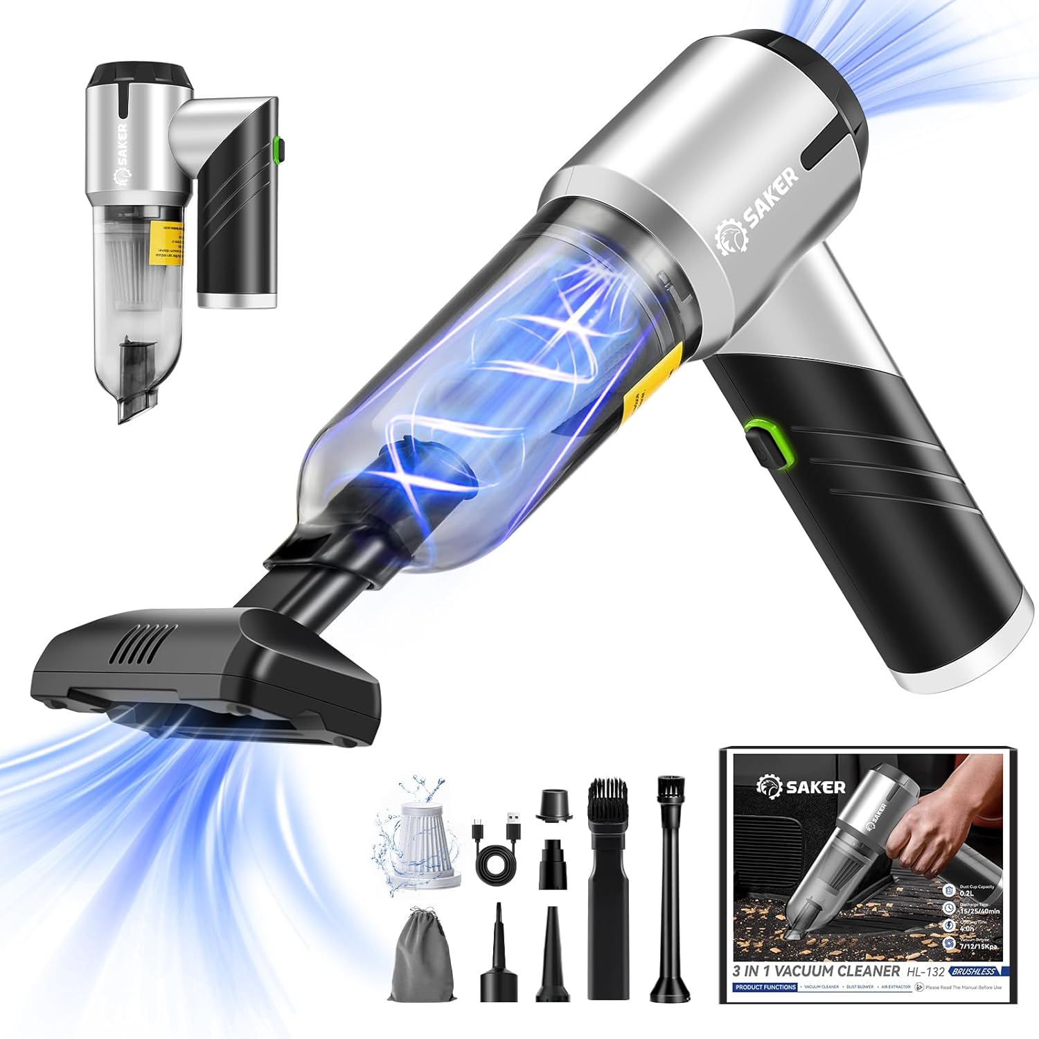 Cordless Handheld Car Vacuum, Black, with Blower and Attachments