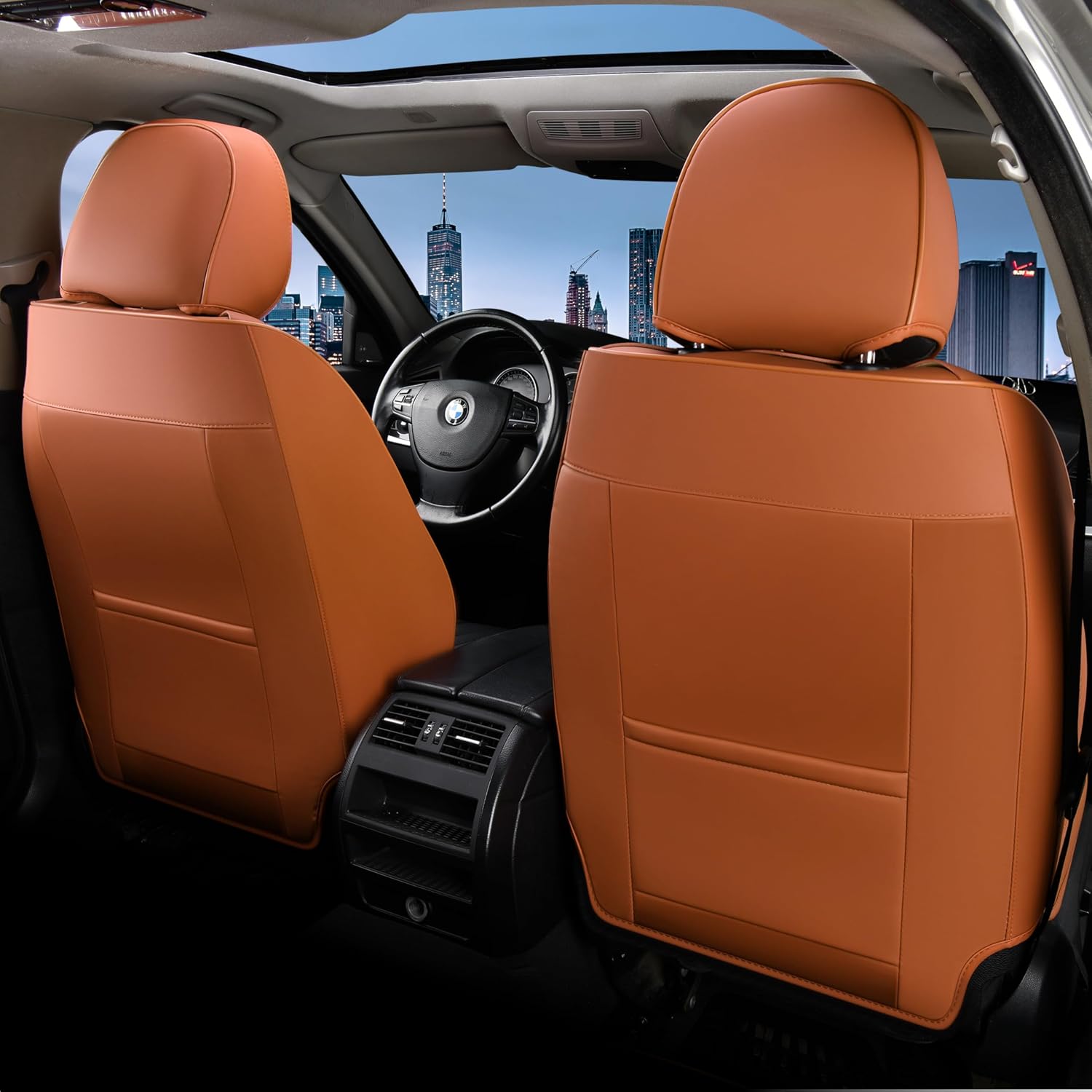 Full Set Car Seat Covers, PU Leather, Brown and Black — view 3