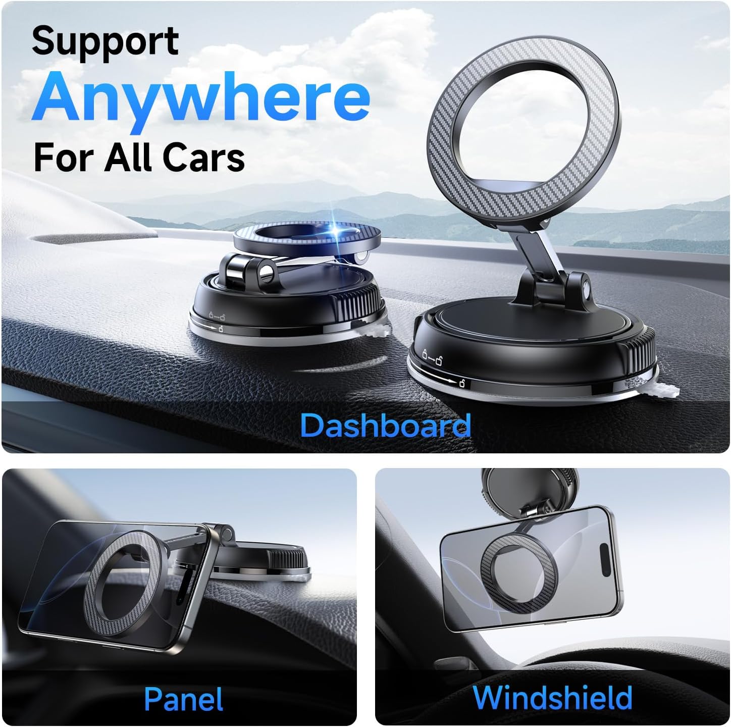 Magnetic Car Phone Holder, Suction Base, Carbon Fiber Look, One Piece — view 2