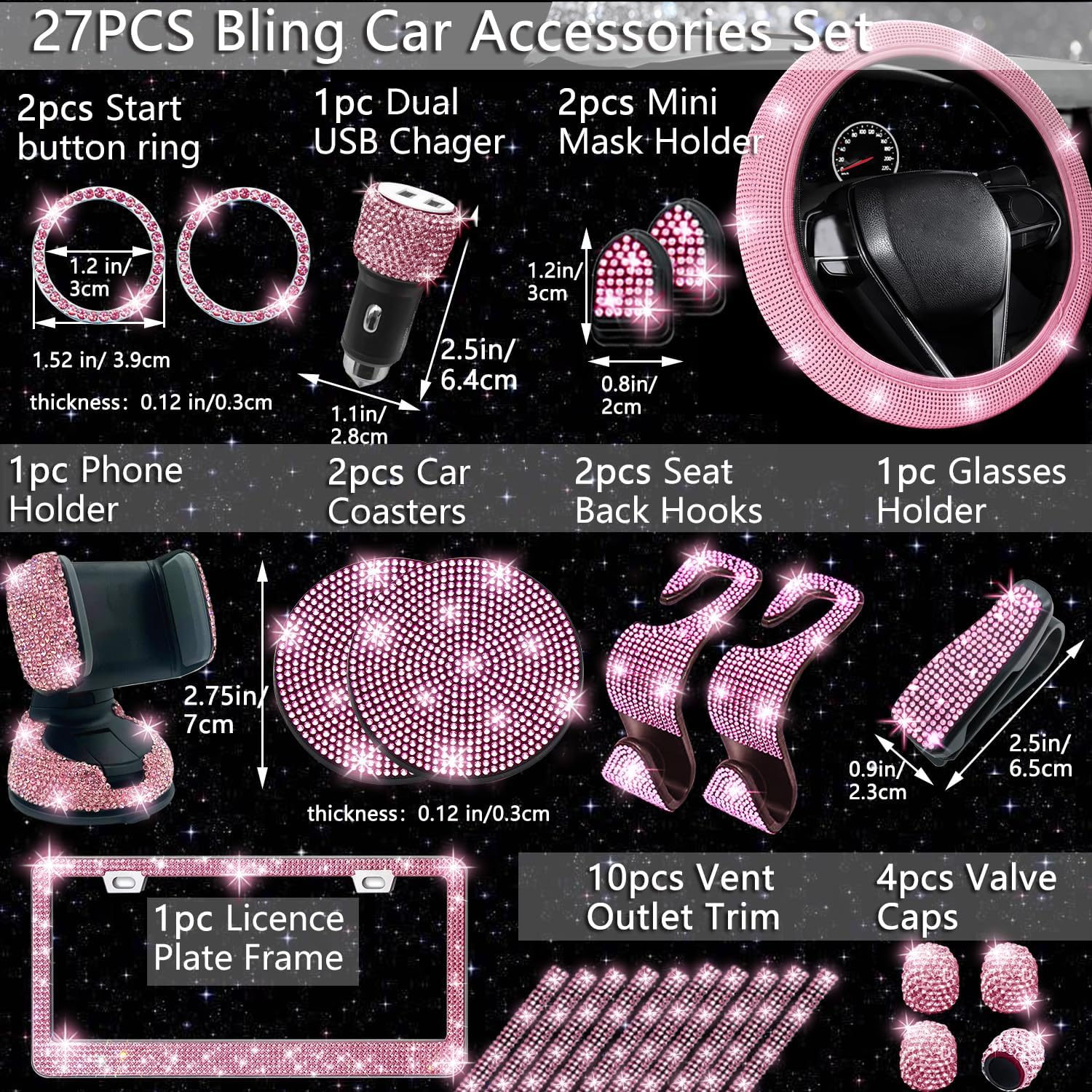 Pink Rhinestone Car Interior and Exterior Accessory Set, 27 Pieces — view 2