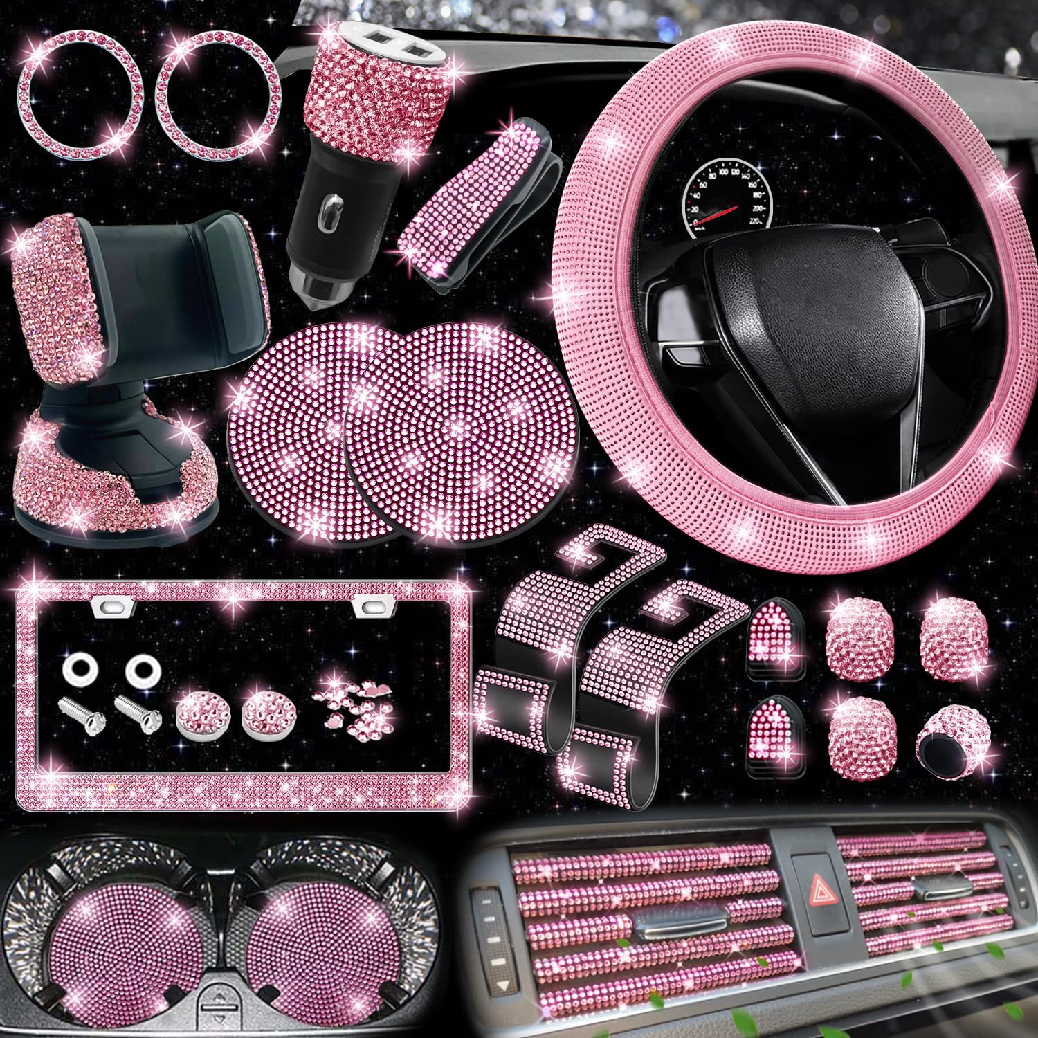Pink Rhinestone Car Interior and Exterior Accessory Set, 27 Pieces