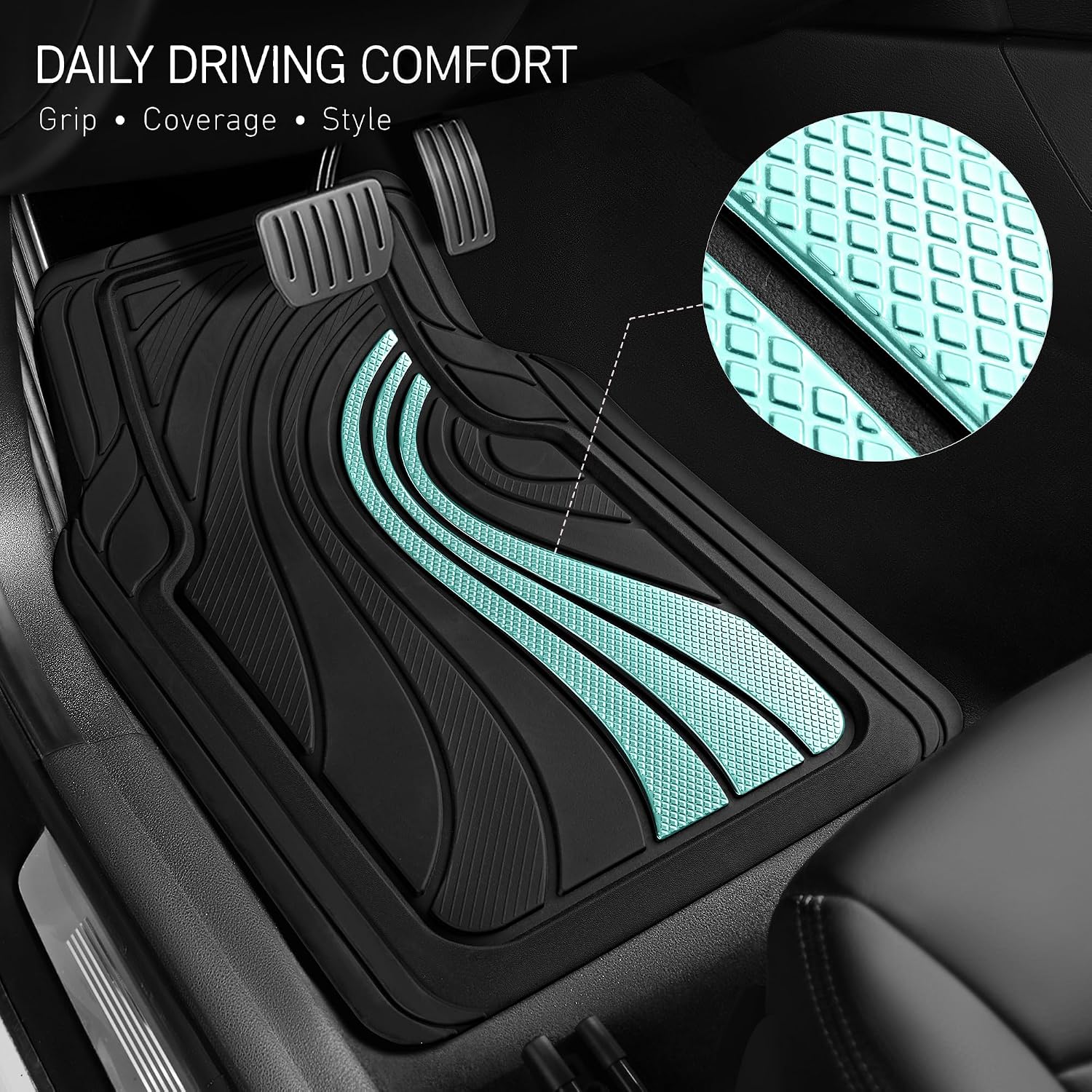 Universal Fit Car Floor Mats, Rubber with Mint Accents, 4-Piece Set — view 2