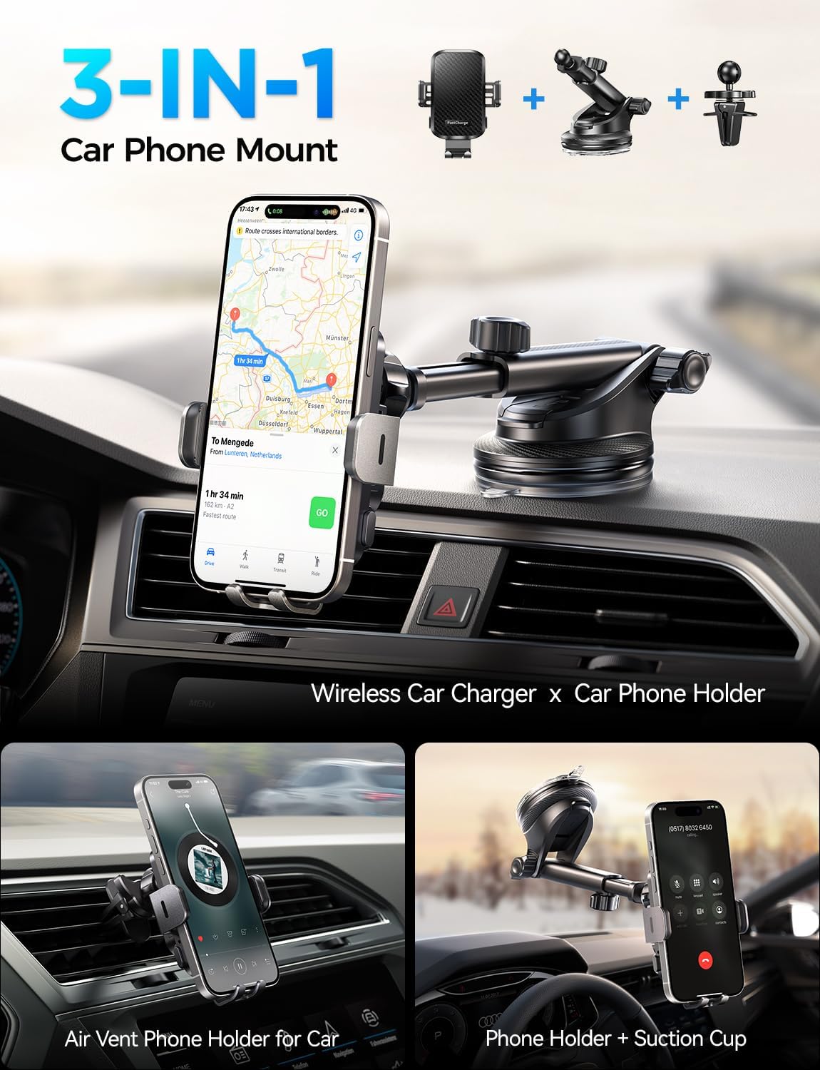 Wireless Car Charger Phone Holder, 15W Fast Charging Mount — view 2